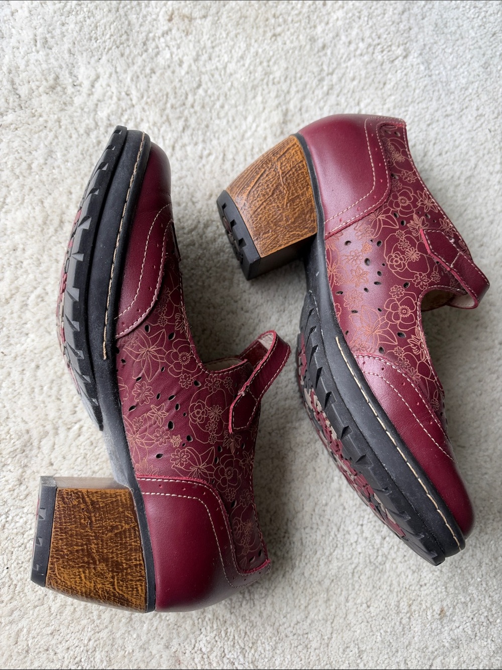 Jambu Burgundy Floral Leather Chunky Heels